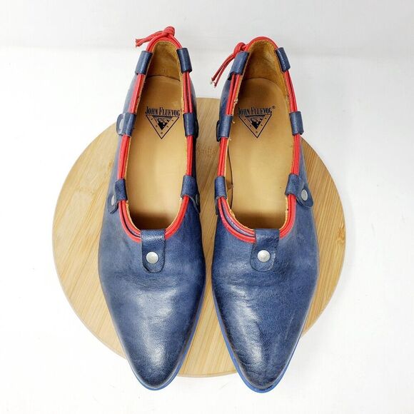 John Fluevog Vigor Shoes Womens 7.5 Slip On Blue Red Power Up Stud Lacing Flats - Picture 4 of 11
